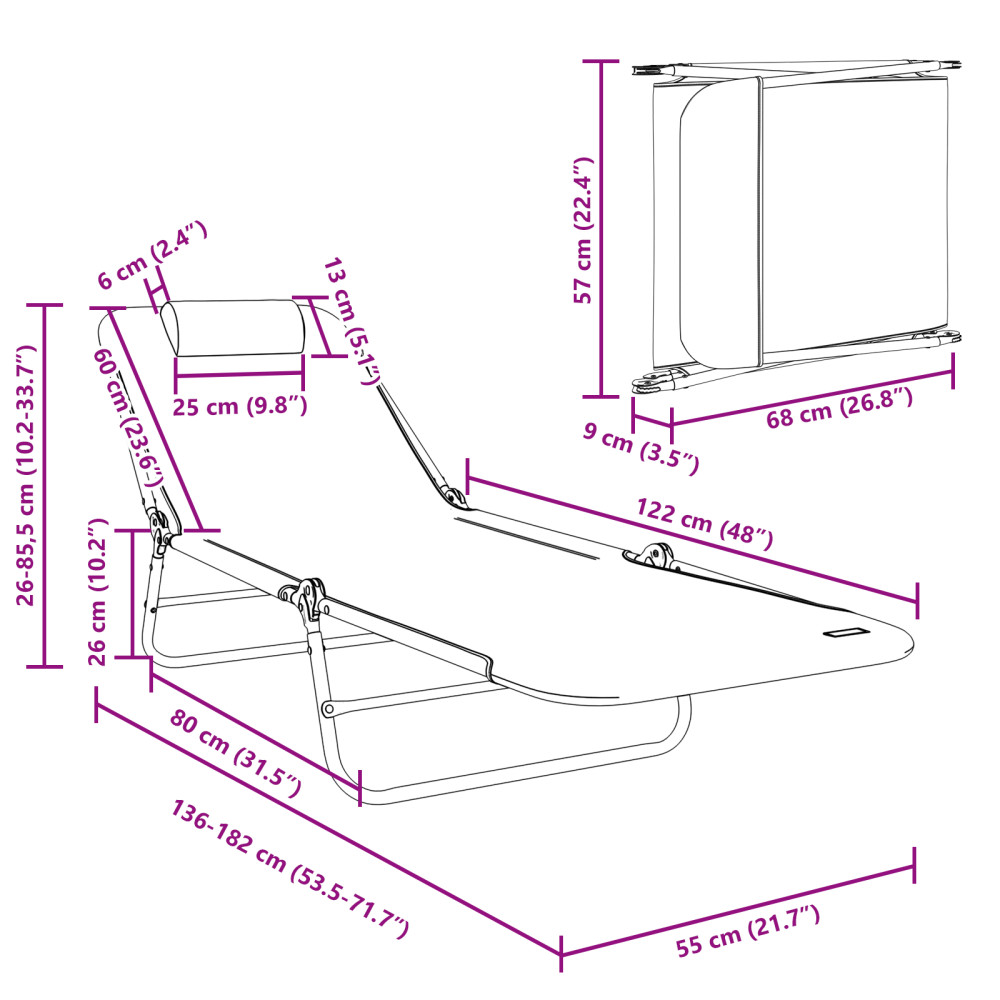 Produktbild för Hopfällbar solstol 2 pcs Svart 182 x 55 x 85,5 cm Textilene
