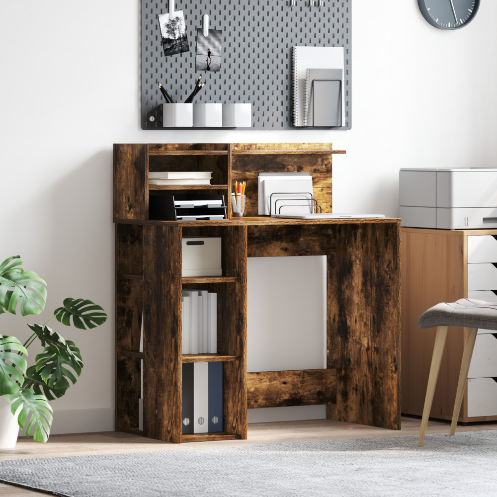 Produktbild för Skrivbord med hylla Rökt ek 90 x 48 x 101,5 cm Konstruerat trä