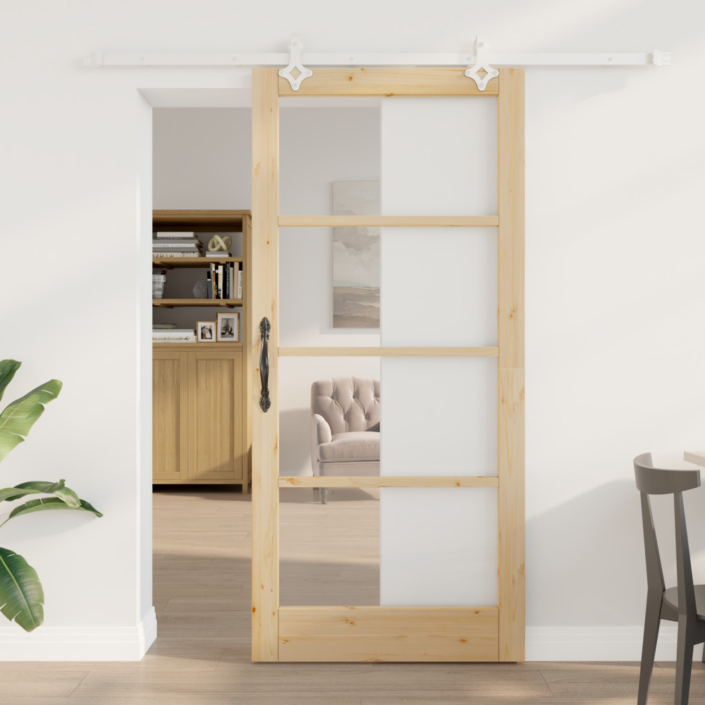 Produktbild för Skjutdörr Naturfärg 93 x 202 cm Massivt tallträ och glas