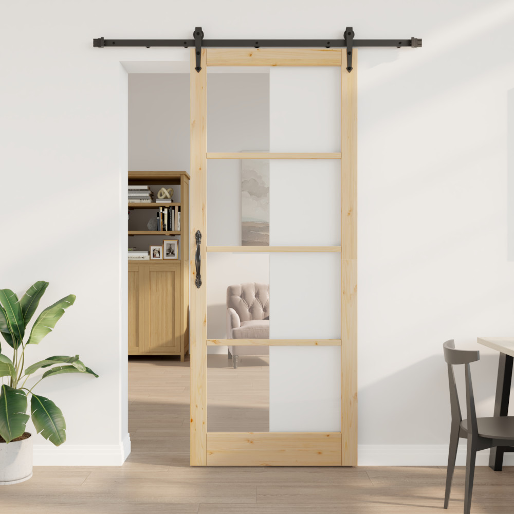 Produktbild för Skjutdörr Naturfärg 93 x 232 cm Massivt tallträ och glas