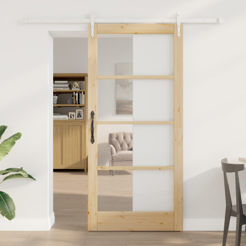 vidaXL Skjutdörr Naturfärg 93 x 202 cm Massivt tallträ och glas
