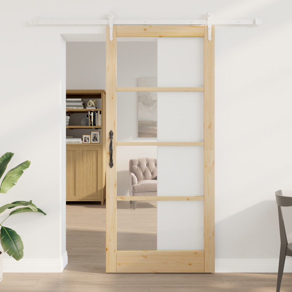 Produktbild för Skjutdörr Naturfärg 93 x 211 cm Massivt tallträ och glas