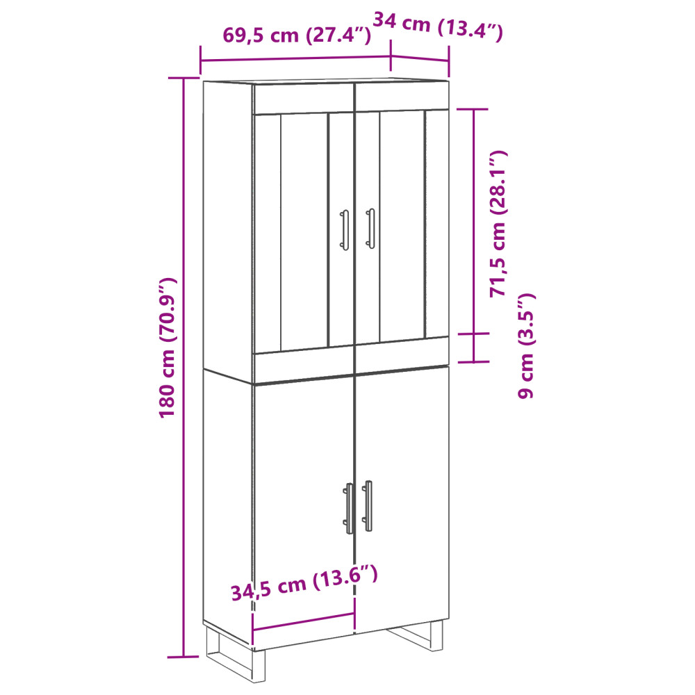 Produktbild för Skåp Svart Ek 69,5 x 34 x 180 cm Konstruerat trä