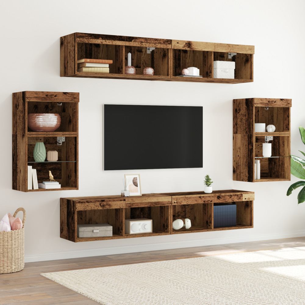 Produktbild för TV-bänkset med LED -remsljus 8 pcs Gammalt trä Konstruerat trä
