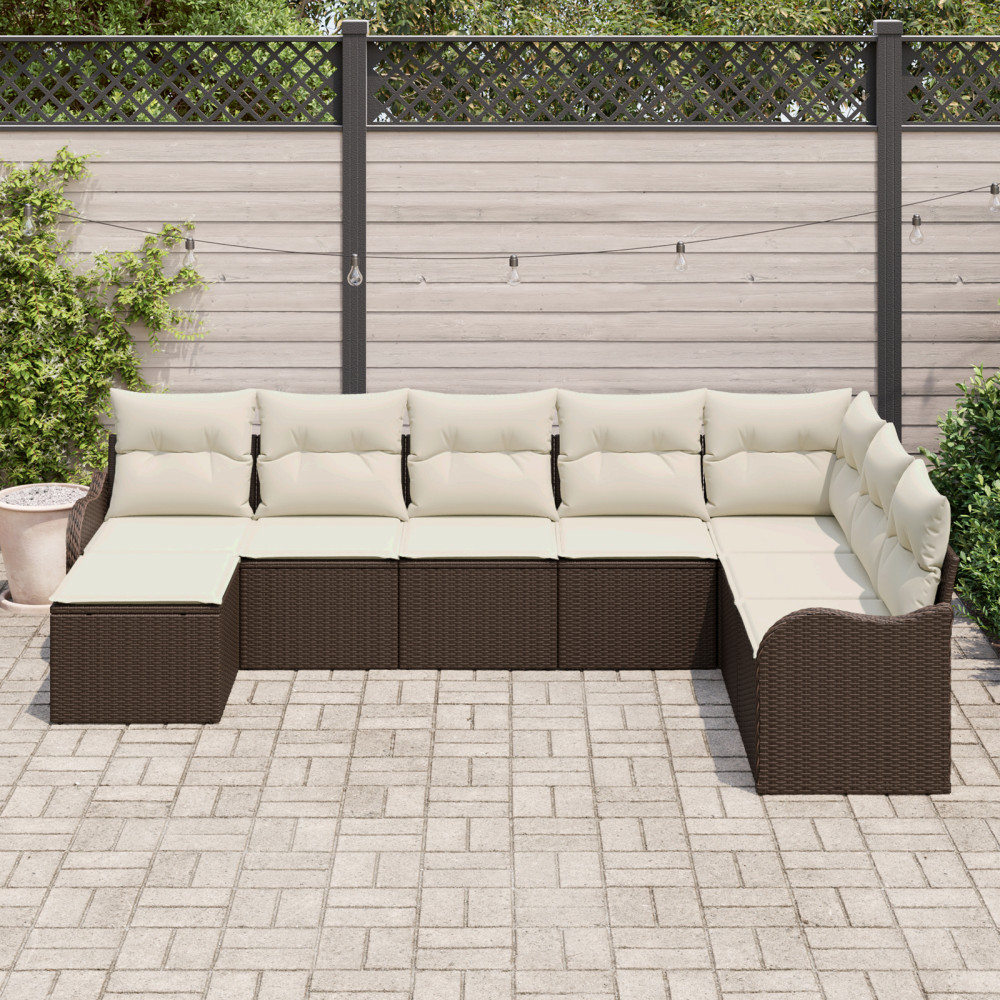 Produktbild för Trädgårdsoffset med kudde 8 pcs Brun Poly rattan