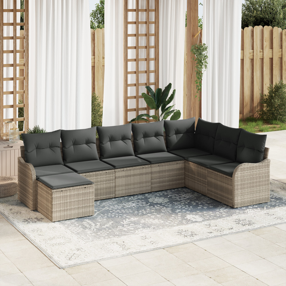 Produktbild för Trädgårdsoffset med kudde 8 pcs Ljusgrå Poly rattan