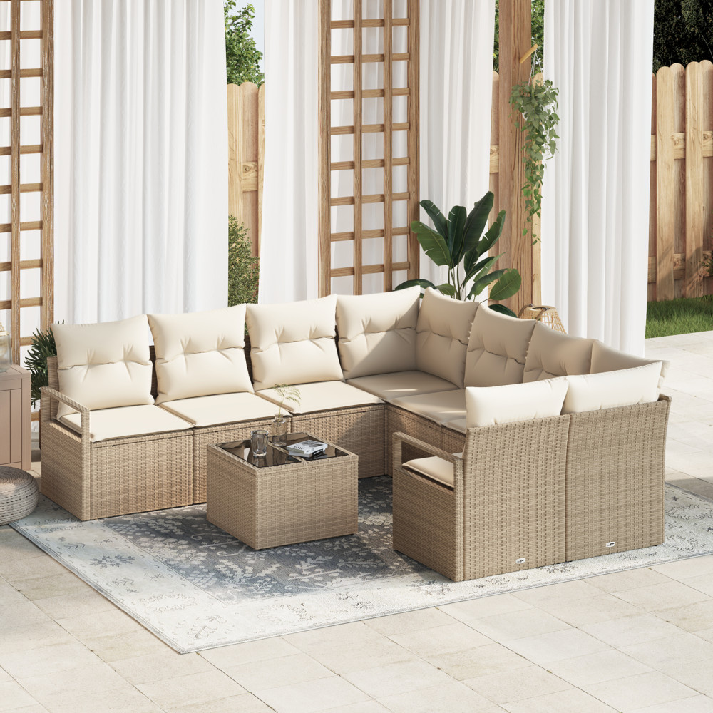 Produktbild för Soffset med kudde 9 pcs Beige och gräddfärgad konstrotting