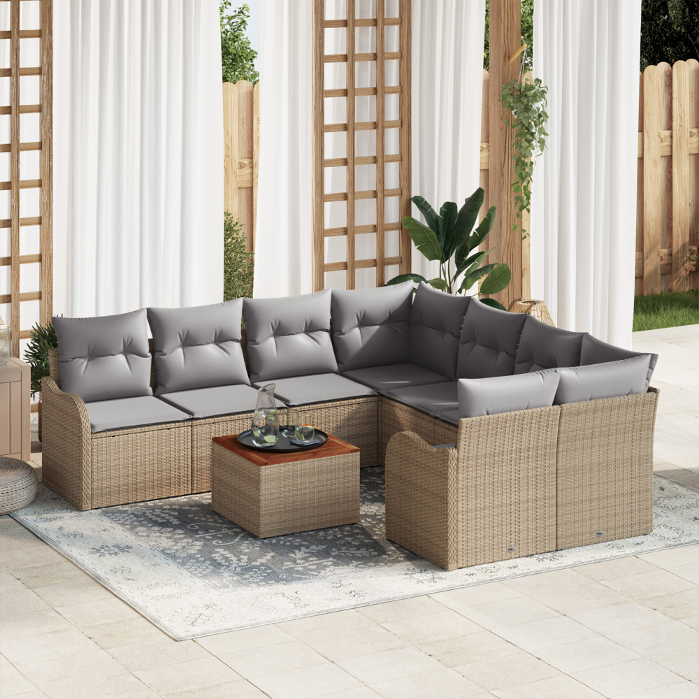 Produktbild för Trädgårdsoffset med kudde 9 pcs Beige konstrotting