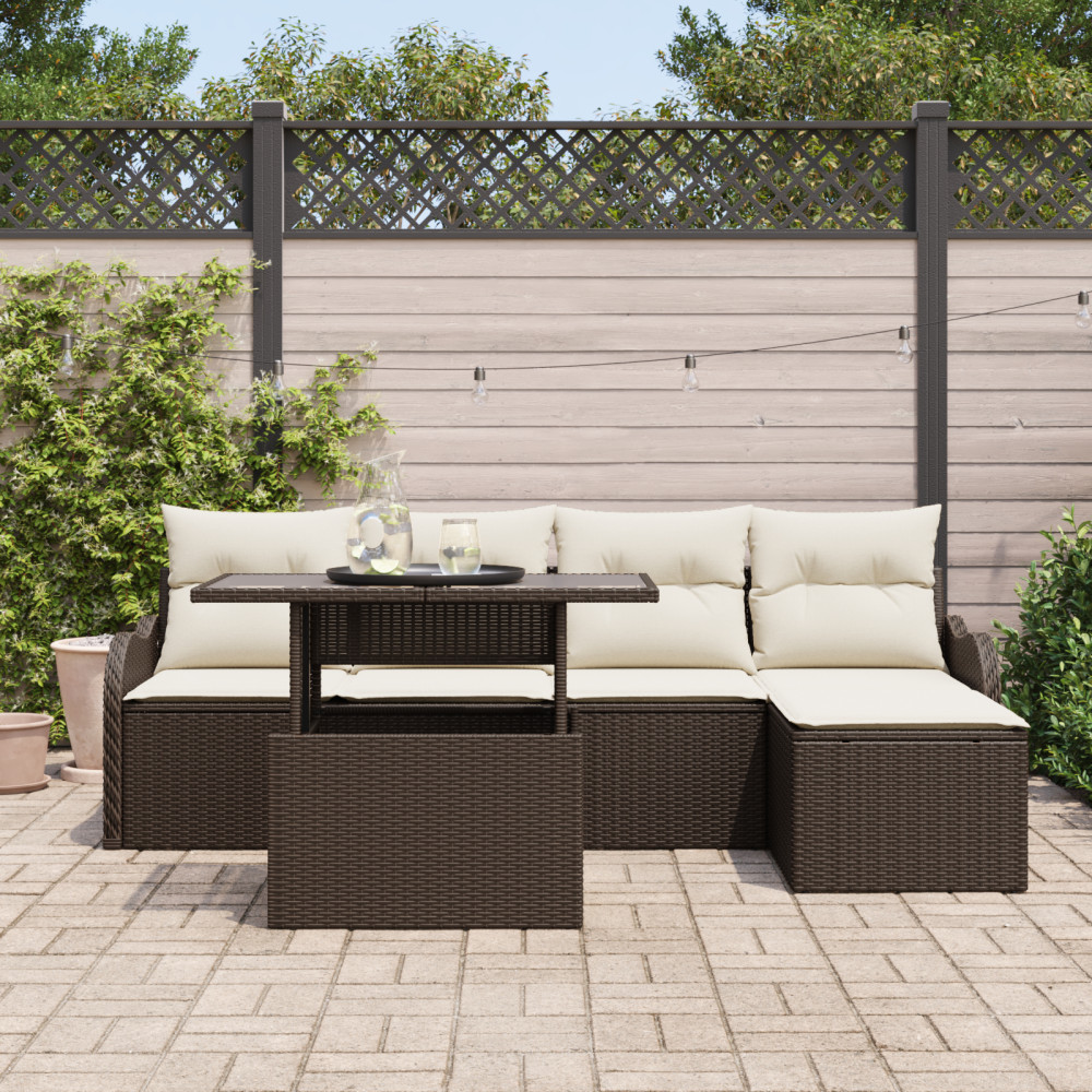 Produktbild för Utomhussoffgrupp med kudde 6 pcs Brun Poly rattan