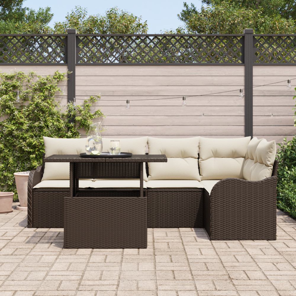 Produktbild för Matgrupp med kudde 6 pcs Brun Poly rattan