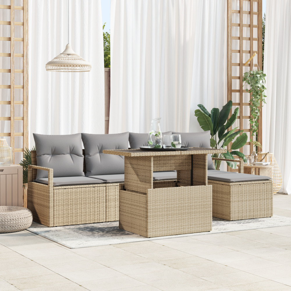 Produktbild för Trädgårdsoffset med kudde 6 pcs beige och ljusgrå konstrotting