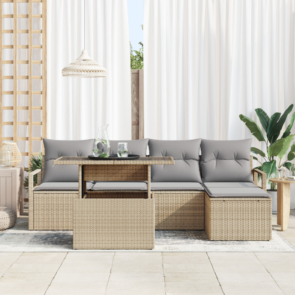 Produktbild för Trädgårdsoffset med kudde 6 pcs beige och ljusgrå konstrotting