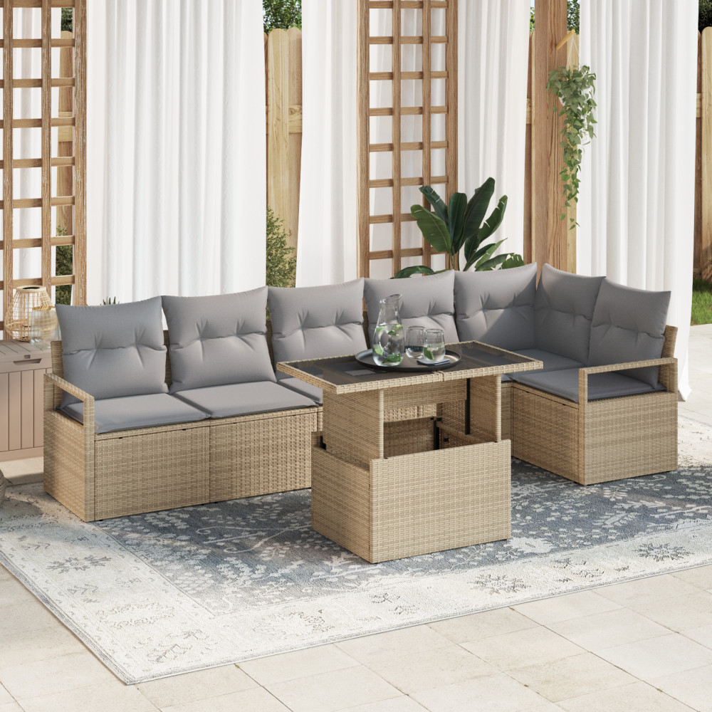 Produktbild för Trädgårdsoffset med kudde 7 pcs Beige Poly rattan