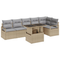 Produktbild för Trädgårdsoffset med kudde 7 pcs Beige Poly rattan