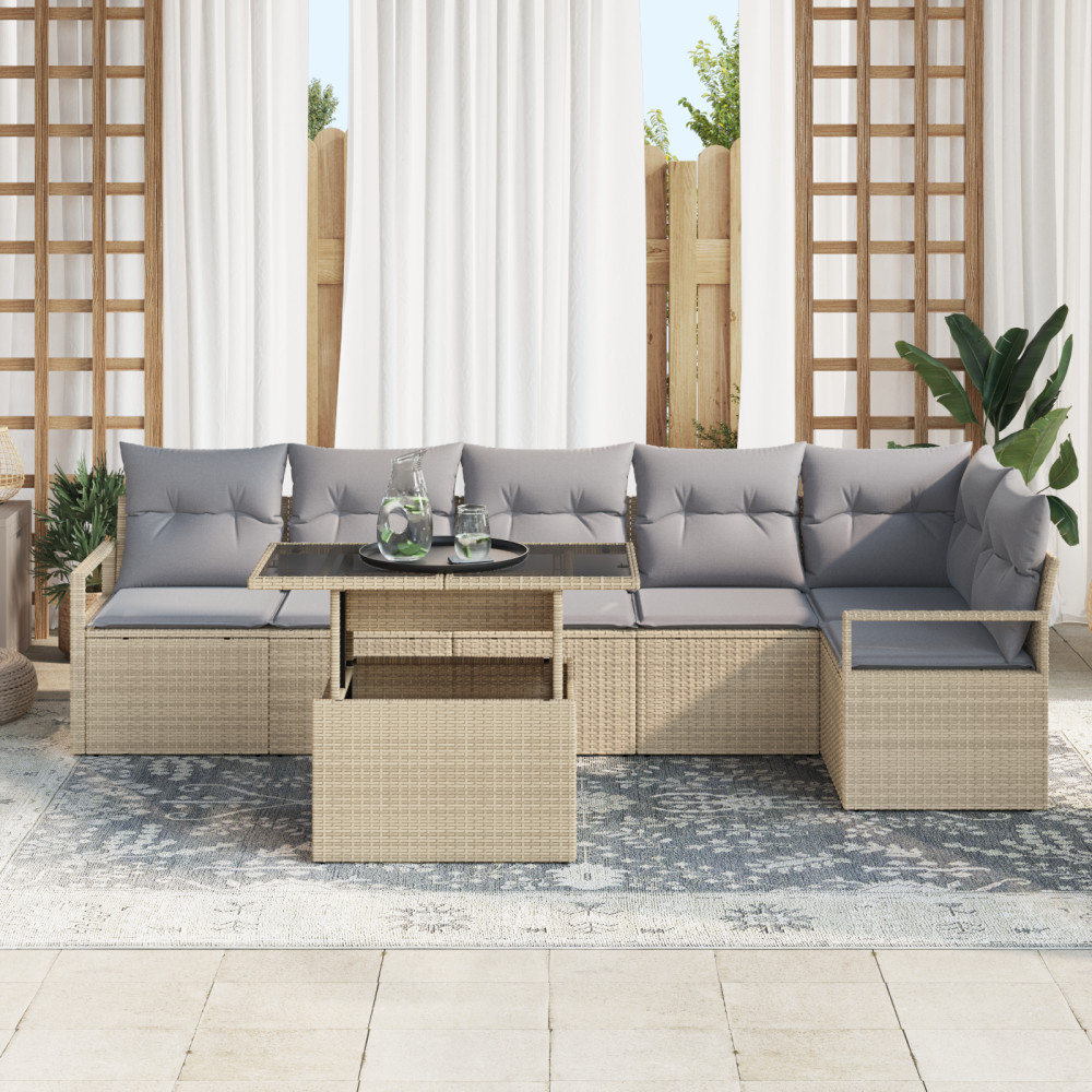 Produktbild för Trädgårdsoffset med kudde 7 pcs Beige Poly rattan