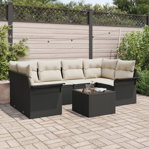 vidaXL Trädgårdsoffset med kudde 7 pcs Svart och kräm 55 x 55 x 37 cm - Utesoffor