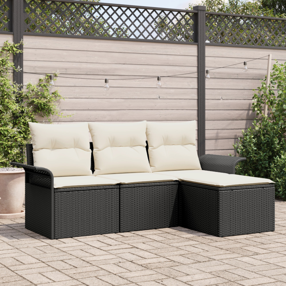 Produktbild för Trädgårdsoffset med kudde med lagring 4 pcs Svart Poly rattan