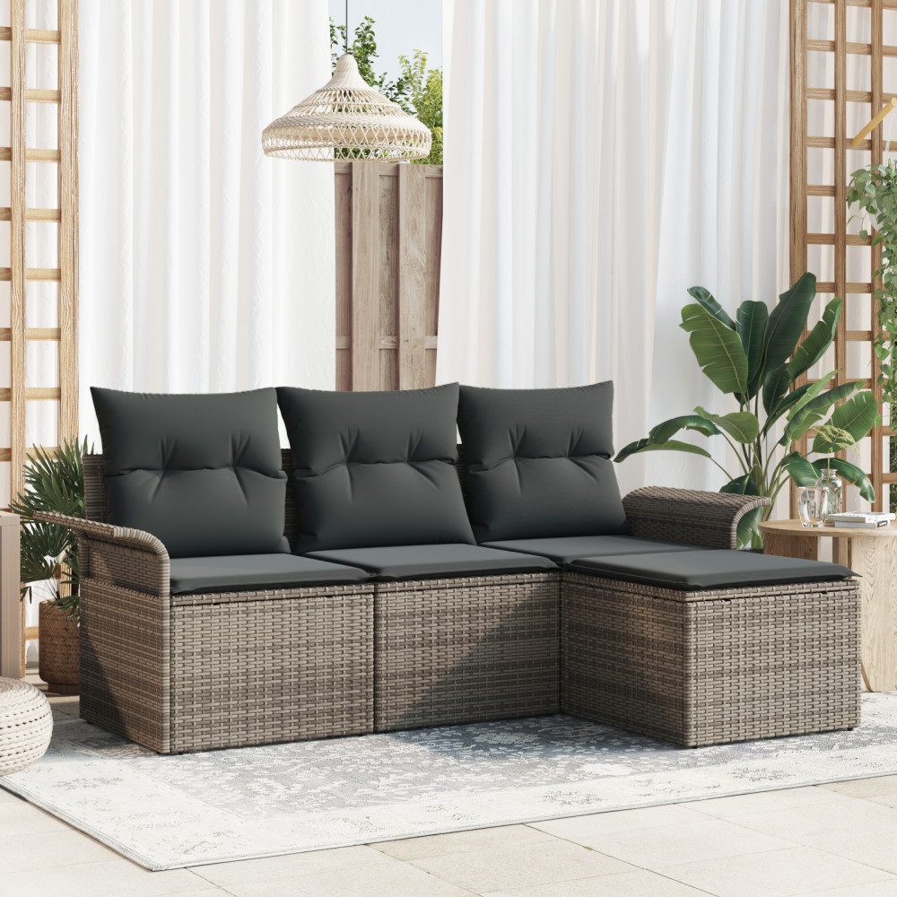 Produktbild för Trädgårdsoffset med kudde med lagring 4 pcs Grå Poly rattan