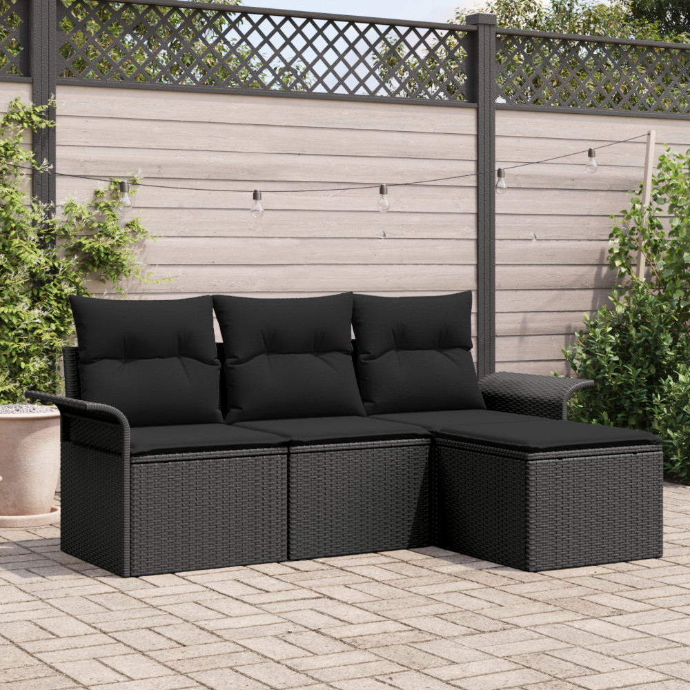 Produktbild för Trädgårdsoffset med kudde med lagring 4 pcs Svart Poly rattan