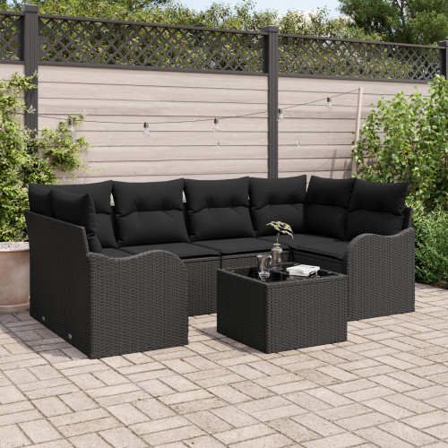 vidaXL Trädgårdsoffset 7 pcs Svart Konstrotting, Stål och Glas