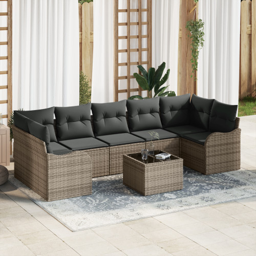 vidaXL Trädgårdsoffset 8 pcs Grå Poly Rattan och Stål och Glas