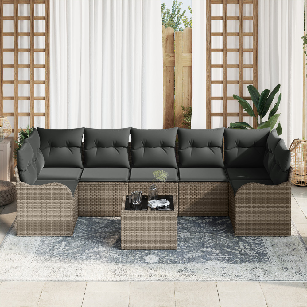 Produktbild för Trädgårdsoffset 8 pcs Grå Poly Rattan och Stål och Glas