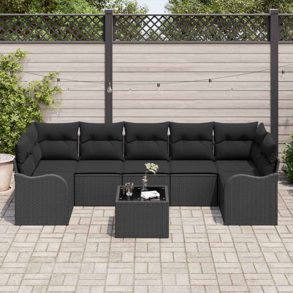 Produktbild för Trädgårdsoffset 8 pcs Svart Poly Rattan och Stål och Glas