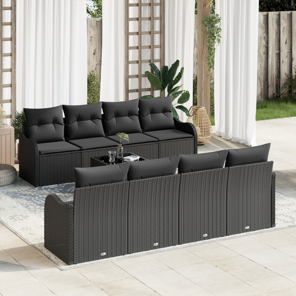 Produktbild för Trädgårdsoffset 9 pcs Svart Poly Rattan och Stål och Glas