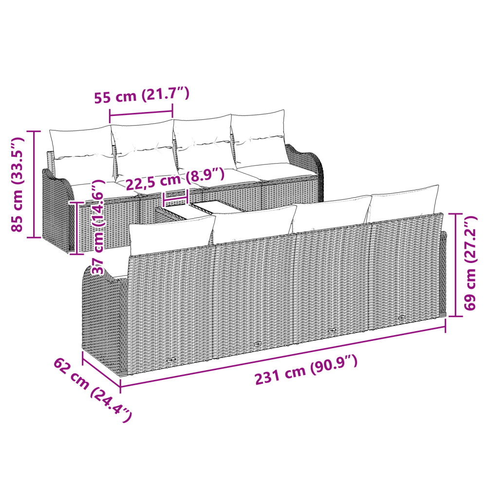 Produktbild för Trädgårdsoffset 9 pcs Svart Poly Rattan och Stål och Glas