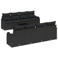 Produktbild för Trädgårdsoffset 9 pcs Svart Poly Rattan och Stål och Glas
