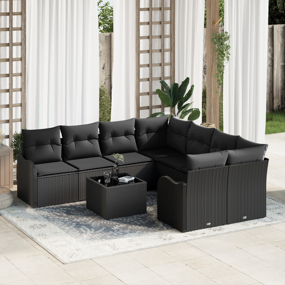 Produktbild för Trädgårdsoffset 9 pcs Svart Poly Rattan och Stål och Glas