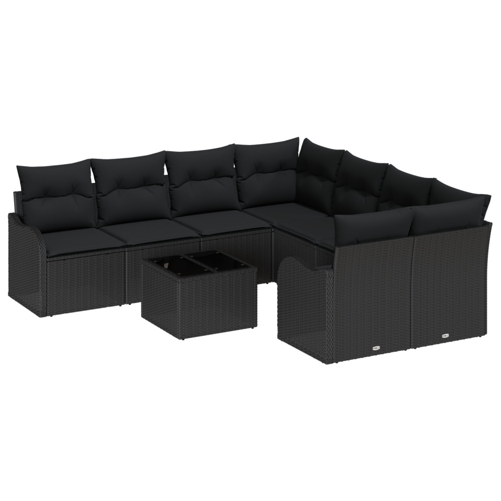 Produktbild för Trädgårdsoffset 9 pcs Svart Poly Rattan och Stål och Glas