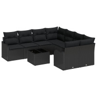 Produktbild för Trädgårdsoffset 9 pcs Svart Poly Rattan och Stål och Glas