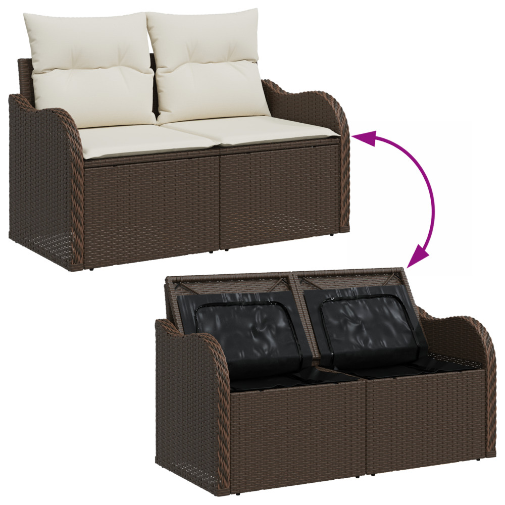 Produktbild för Trädgårdsoffset med kudde 6 pcs Brun och vit Poly rattan