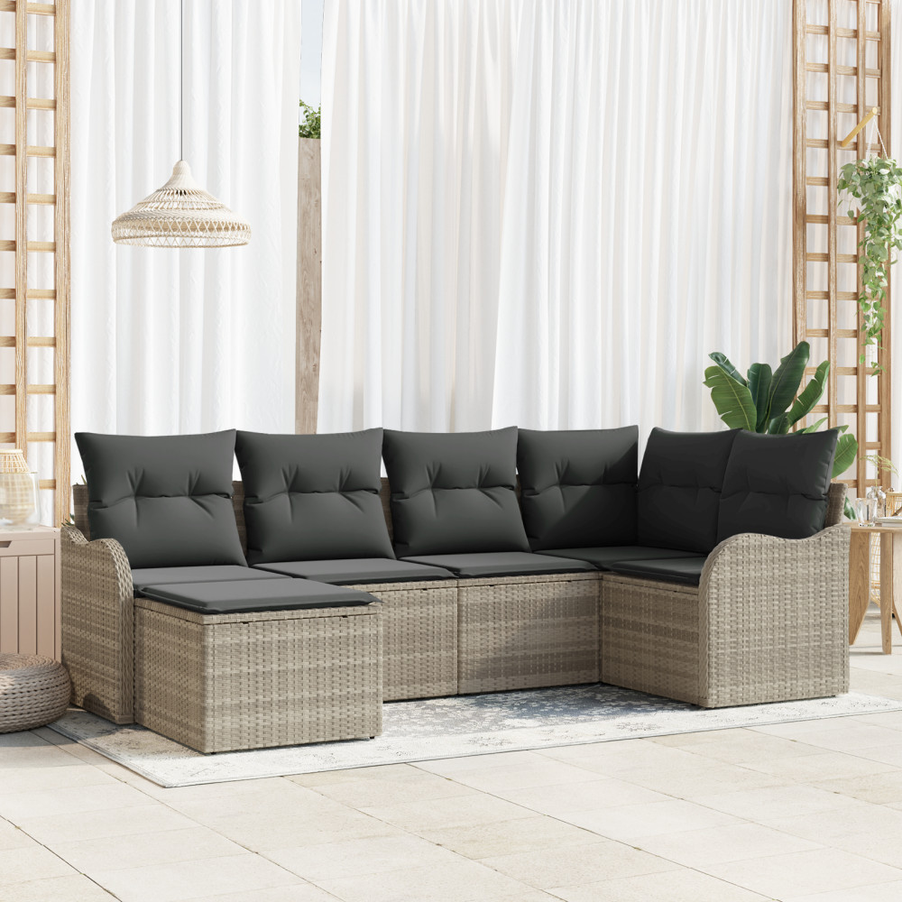 Produktbild för Trädgårdsoffset med kudde 6 pcs Ljusgrå Poly rattan