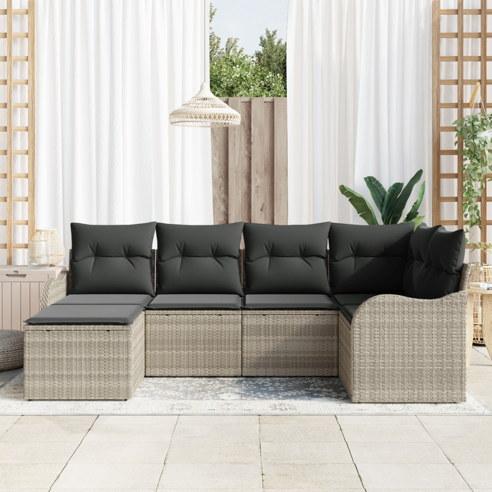 Produktbild för Trädgårdsoffset med kudde 6 pcs Ljusgrå Poly rattan