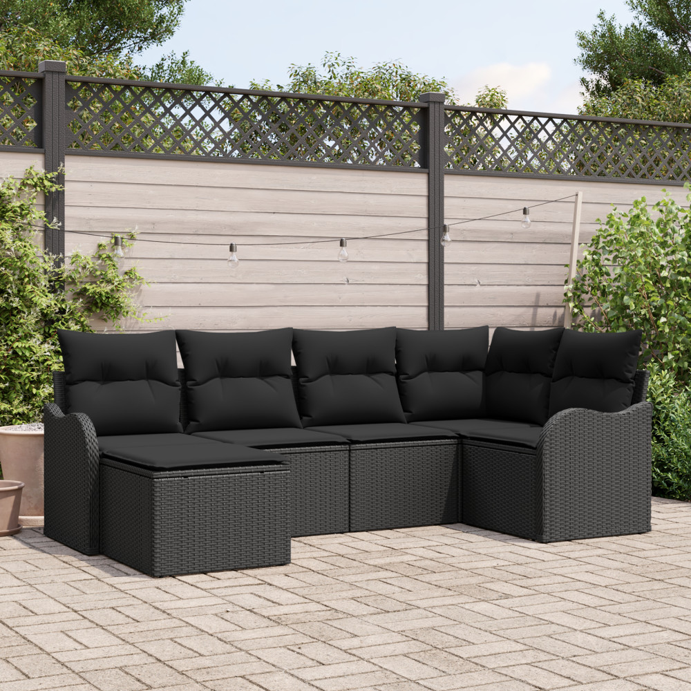 Produktbild för Trädgårdsoffset med kudde 6 pcs Svart Poly rattan