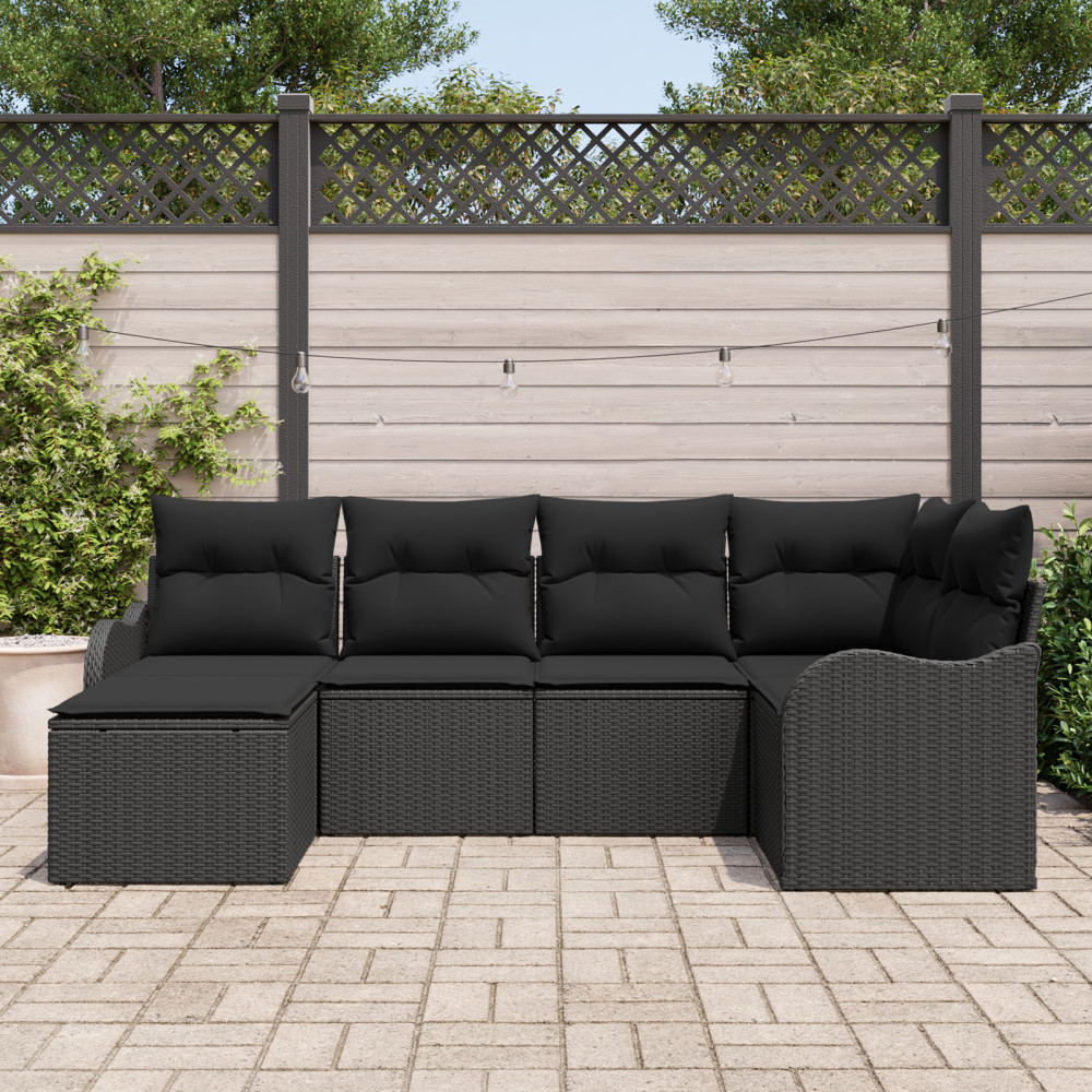 Produktbild för Trädgårdsoffset med kudde 6 pcs Svart Poly rattan