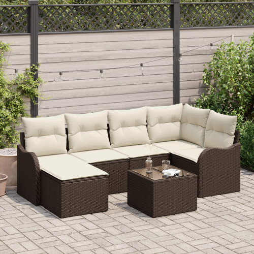 vidaXL Trädgårdsoffset med kudde 7 pcs Brun och vit Poly rattan