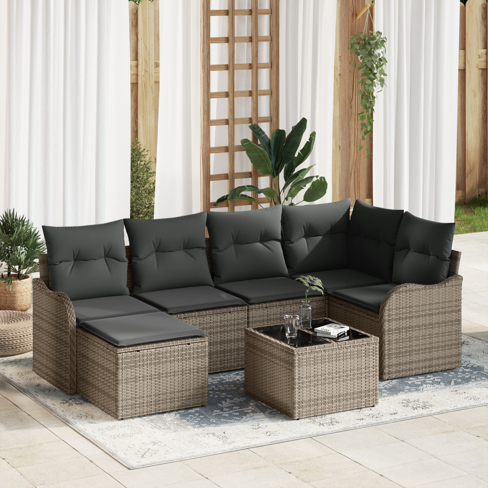 Produktbild för Trädgårdsoffset med kudde 7 pcs Grå Poly rattan