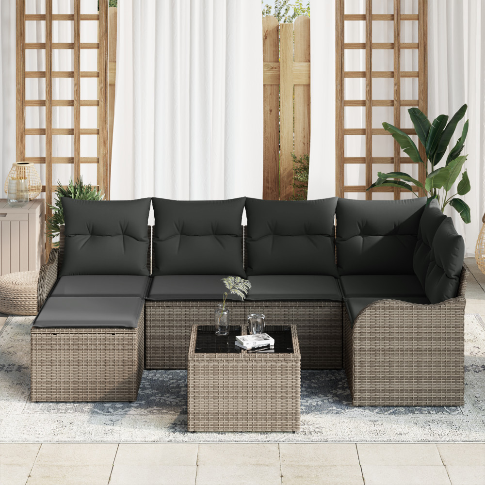 Produktbild för Trädgårdsoffset med kudde 7 pcs Grå Poly rattan