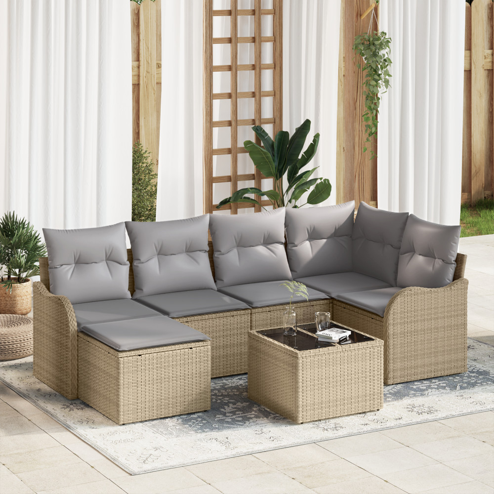 Produktbild för Trädgårdsoffset med kudde 7 pcs beige och ljusgrå Poly rattan