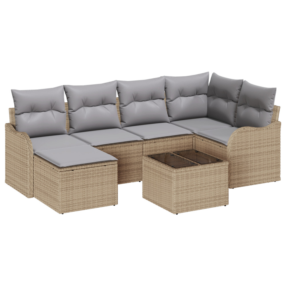 Produktbild för Trädgårdsoffset med kudde 7 pcs beige och ljusgrå Poly rattan