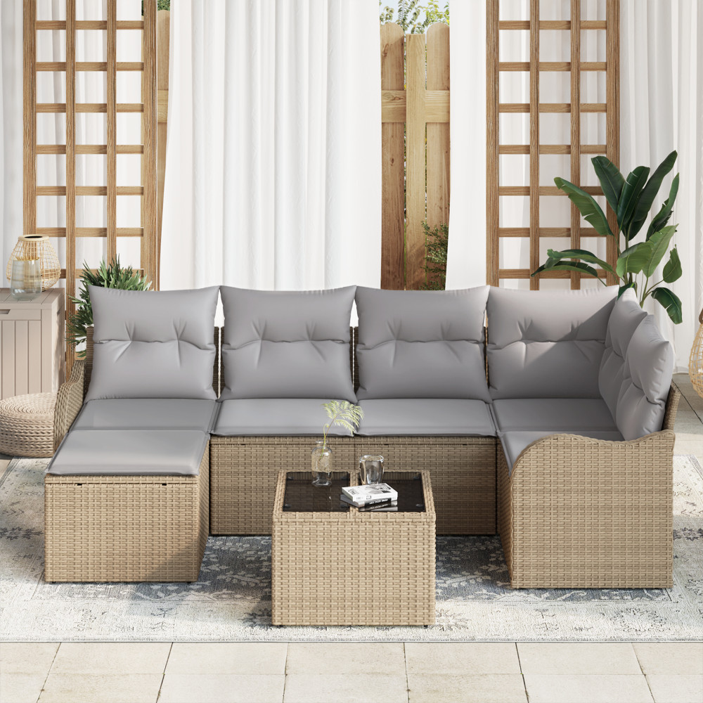Produktbild för Trädgårdsoffset med kudde 7 pcs beige och ljusgrå Poly rattan