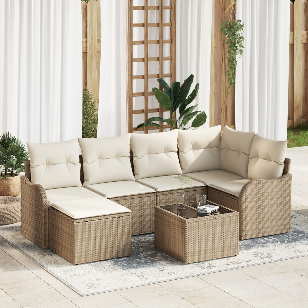 Produktbild för Trädgårdsoffset med kudde 7 pcs Beige och vit Poly rattan