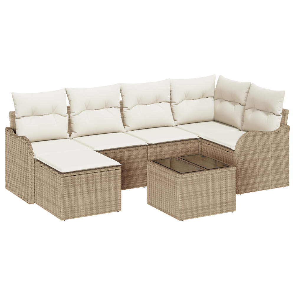 Produktbild för Trädgårdsoffset med kudde 7 pcs Beige och vit Poly rattan
