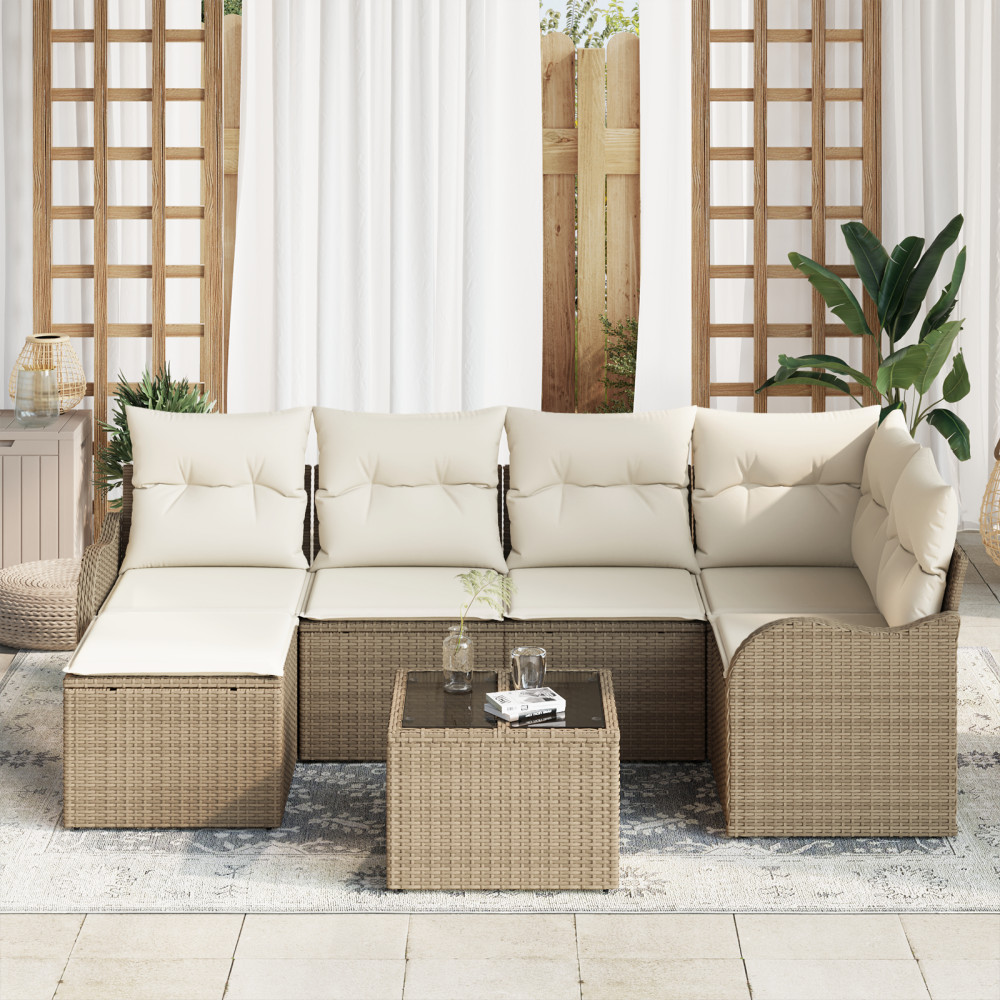 Produktbild för Trädgårdsoffset med kudde 7 pcs Beige och vit Poly rattan