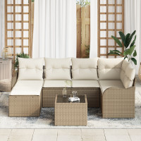 Produktbild för Trädgårdsoffset med kudde 7 pcs Beige och vit Poly rattan
