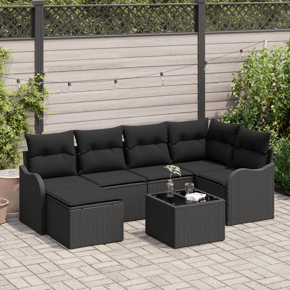 Produktbild för Trädgårdsoffset med kudde 7 pcs Svart Poly rattan