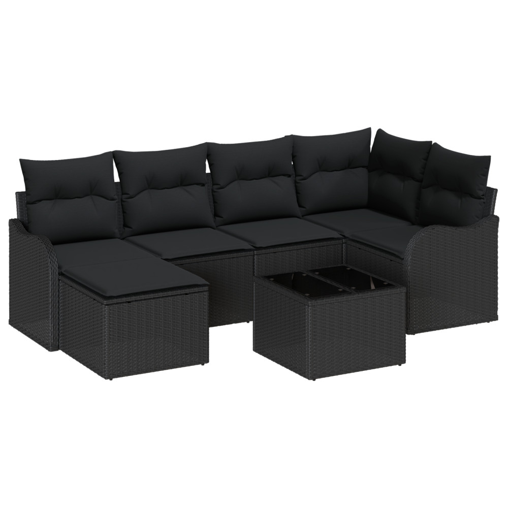 Produktbild för Trädgårdsoffset med kudde 7 pcs Svart Poly rattan